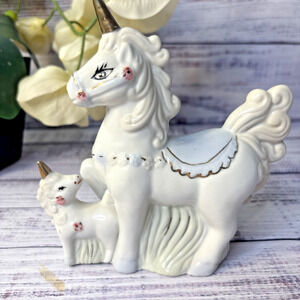 Vintage Ceramic Mother Unicorn and Baby Foal Figurine Set White Gold Accents